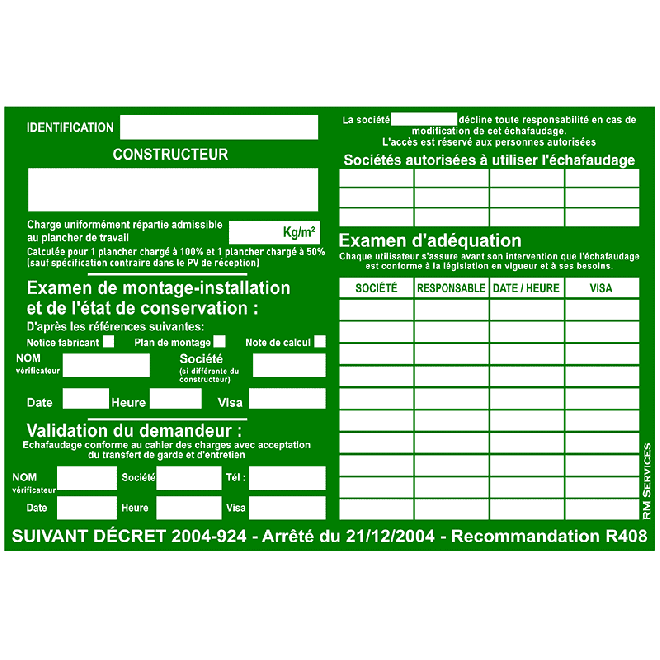 Recto de la fiche de vérification journalière